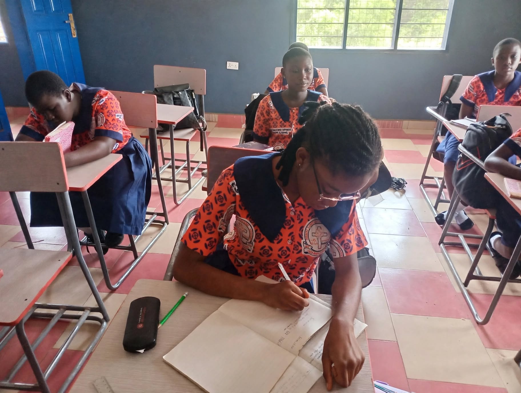 A pupil works thoughtfully through a classroom exercise